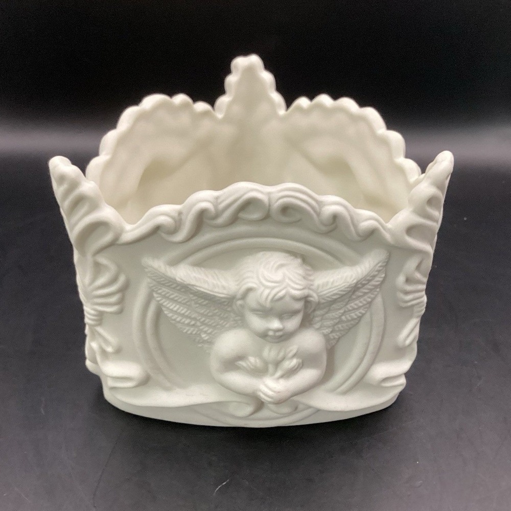 Vtg Ornate Cherub Planter Vase 3 Sides 5" x 4.5" Tall White Ceramic Decorative